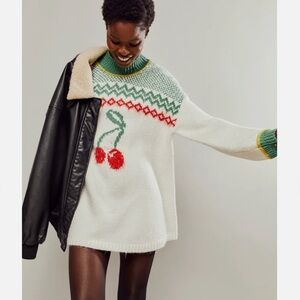 FREE PEOPLE Cherry Heart Sweater Dress Ivory Green Red Fair Isle pit 25”NWOT